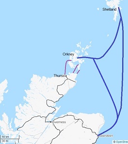 Map showing principal sea routes to Shetland